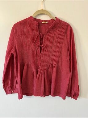 Matta Alma Top Red Tiny Checks Pintuck Tie-Front Peasant Mandarin Collar Blouse